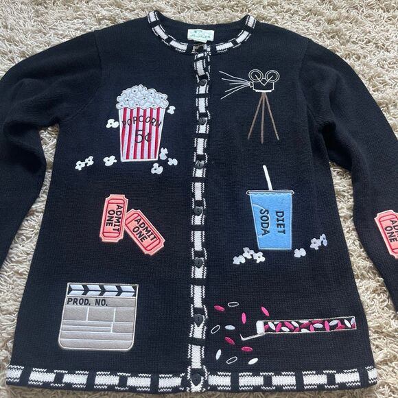 Awesome Quacker Factory Sweater S Movie, Snacks, Cardigan, Black, Embroidered - Picture 2 of 13